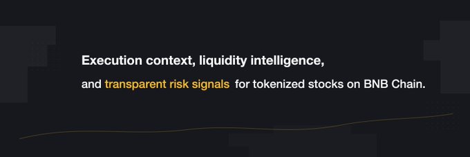 A dark promotional banner with white and yellow text reading 'Execution context, liquidity intelligence, and transparent risk signals for tokenized stocks on BNB Chain.'
