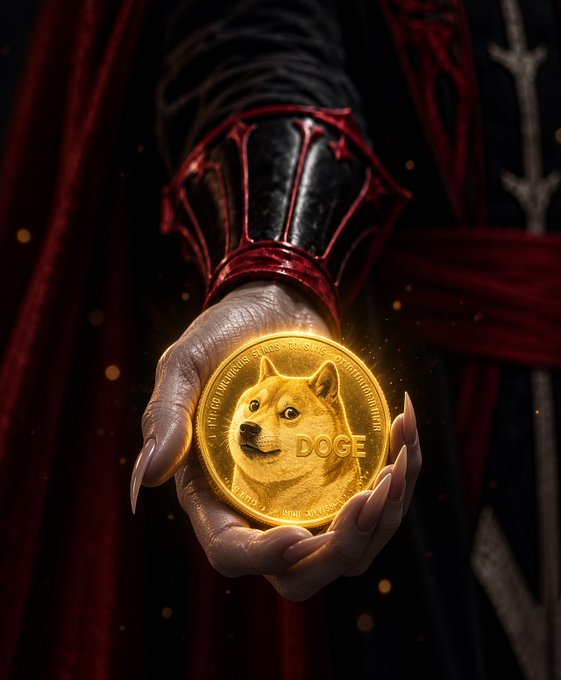 A dark fantasy image of a clawed hand emerging from a red velvet sleeve, holding a golden coin featuring a Shiba Inu dog labeled 'DOGE'.