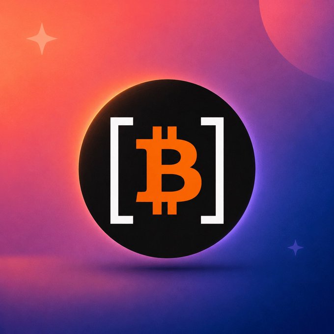 A stylized Bitcoin (₿) logo in orange inside white brackets on a black circle, set against a vibrant pink, purple, and orange gradient background.