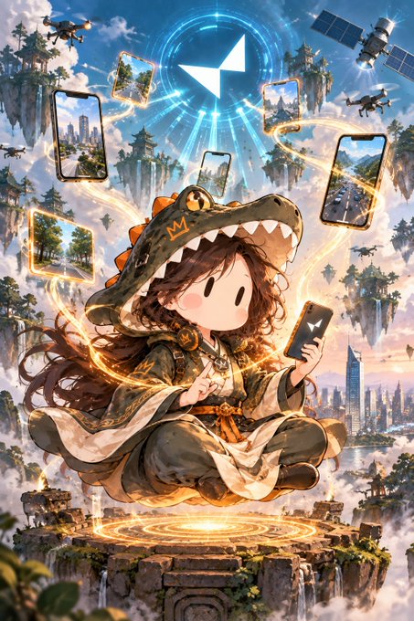 A stylized fantasy illustration of a chibi-style character in a dinosaur hoodie holding a smartphone, surrounded by floating phone screens, drones, and a glowing blue diamond logo against a backdrop of floating islands.