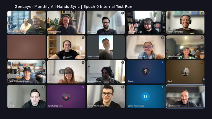 A video conference screenshot showing the "GenLayer Monthly All-Hands Sync | Epoch 0 Internal Test Run" with 20 participants from All Labs and the Foundation rehearsing together for the upcoming Clarke Mainnet launch and transition from the Asimov testnet to Bradbury Phase 2.