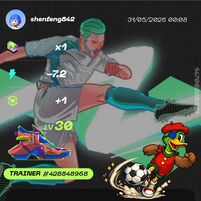 The image features a cartoon character, likely a soccer player or athlete, kicking a soccer ball. The character appears to be wearing a pair of red shoes with white stripes. There are also two other characters present in the scene - one is a bird-like creature and the other is a person dressed as a soccer player.

The image includes text that reads "Focus on what is in the image and how it relates to the post". This suggests that there might be some connection between the cartoon character, the red shoes with white stripes, or the two characters present in the scene and the post's content.