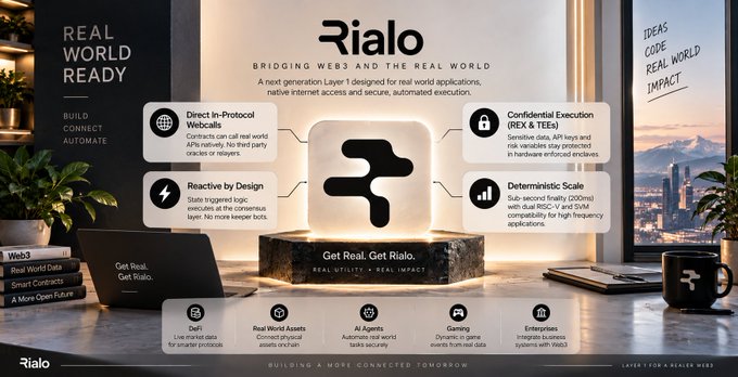 A promotional graphic for 'Rialo' described as 'BRIDGING WEB3 AND THE REAL WORLD', highlighting features like 'Direct In-Protocol Webcalls', 'Reactive by Design', 'Confidential Execution', and 'Deterministic Scale'.