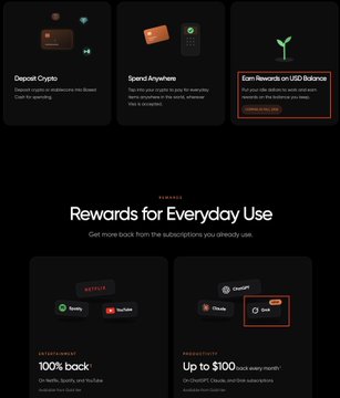 Screenshot of a crypto/staking platform showing options like 'Deposit Crypto,' 'Spend Anywhere,' and 'Earn Rewards on USD Balance,' with a section titled 'Rewards for Everyday Use' featuring '100% back' on Spotify and YouTube Premium and 'Up to $100' cash back.