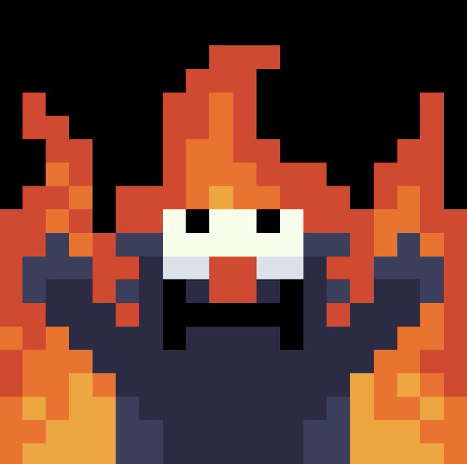A pixelated, fiery character with wide eyes and an open mouth framed by flame-like orange and red blocks, capturing the energetic hype of the announced free mint alpha drop.