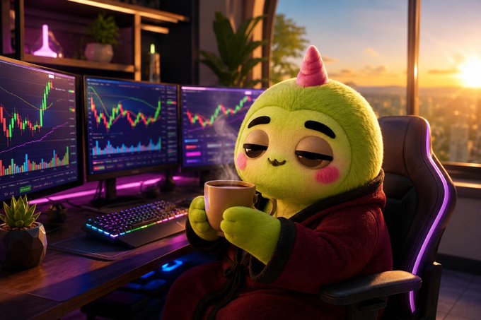 A sleepy green plush character with a small pink horn sits in a gaming chair sipping a warm drink, surrounded by multiple monitors displaying colorful candlestick charts and trading graphs at sunset. The image playfully illustrates the post's message about the importance of rest and stepping away from screens, with the drowsy mascot contrasting against the active trading setup to highlight how screen-based pursuits can leave us exhausted.