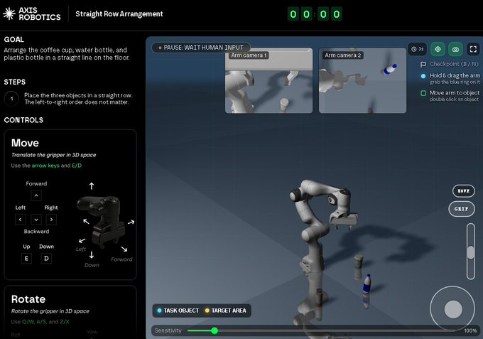A robotics interface from 'AXIS ROBOTICS' titled 'Straight Row Arrangement', showing controls for moving and rotating a 3D gripper to arrange a coffee cup, water bottle, and plastic bottle in a straight line.
