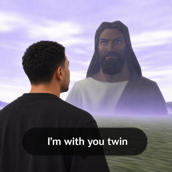 A man faces a giant, glowing depiction of Jesus with a caption reading "I'm with you twin," humorously symbolizing the poster's confident assertion of insider knowledge and divine-like support for the $Twin memecoin's projected rise to a $1M market cap.