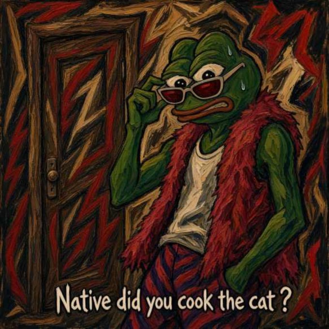 A painting in the style of Vincent van Gogh's 'The Scream' featuring Pepe the Frog wearing sunglasses and a red vest, with the text 'Native did you cook the cat?'.