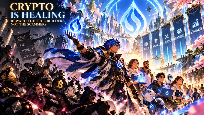 An anime-style digital artwork promoting cryptocurrency with the text 'CRYPTO IS HEALING' and 'REWARD THE TRUE BUILDERS NOT THE SCAMMERS,' showing a hero figure fighting against 'SCAMS, RUGS, LIES, HYPE, EXPLOITS.'