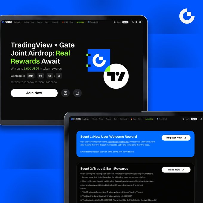 The image shows a computer screen displaying two different websites related to trading and investing. One website has a blue background with white text that says "TradingView" and "Gate", while the other website has a black background with white text that says "Gate x Trade View". Both websites are promoting a joint airdrop event, offering rewards for users who participate in it. The image also includes a graphic of a circle with a green border and the words "Trade reward" written on it.