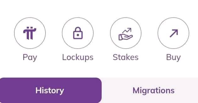 A user interface screen displaying circular icons labeled "Pay", "Lockups", "Stakes", and "Buy" above tabs for "History" and "Migrations".
