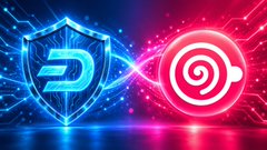 Two glowing shield and spiral emblems, one blue with a 'D' and one pink, set against a neon-lit digital background.