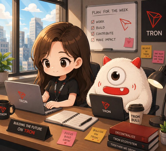 A chibi-style illustration shows a girl and a white creature working on TRON-branded laptops at a desk, with a 'PLAN FOR THE WEEK' whiteboard listing 'WORK, BUILD, CONTRIBUTE, MAKE IMPACT,' and sticky notes reading 'BUILDING THE FUTURE ON TRON,' 'FOCUS BUILD GROW,' 'BULLISH ON TRON,' and 'BELIEVE IN TRON.'