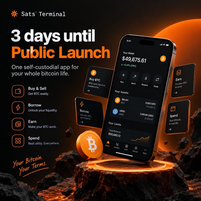 A promotional graphic for the 'Sats Terminal' app announcing '3 days until Public Launch,' described as 'One self-custodial app for your whole bitcoin life' with features like Buy & Sell, Borrow, Earn, and Spend.