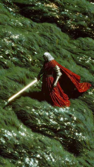 A fantasy digital illustration of a silver-armored warrior in a flowing red cloak wielding a glowing yellow sword while standing in a lush green field scattered with sparkling lights.