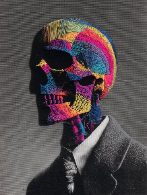 A surreal artistic image showing the silhouette of a man in a suit, with his skull composed of colorful threads arranged in intricate, multicolored patterns against a gray background.
