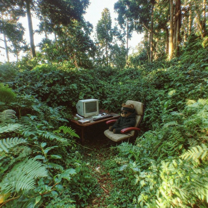 A teddy bear wearing sunglasses sits in a chair at a desk with an old computer, surrounded by lush green forest foliage.