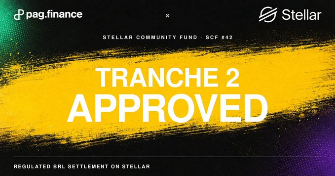 A graphic announcing that pag.finance's project "Regulated BRL Settlement on Stellar" has been approved for Tranche 2 of the Stellar Community Fund (SCF #42). The announcement, in Portuguese, expresses excitement about advancing to Mainnet deployment, with a focus on implementing protocol-level compliance through KYB-verified counterparty authorization and full traceability.