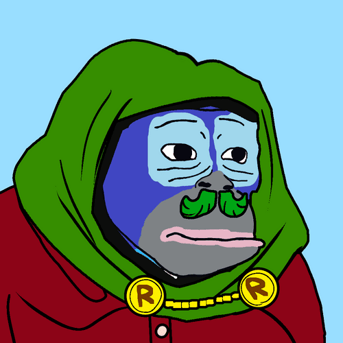 A cartoon illustration of a sad-looking Pepe the Frog character wearing a green hood and red robe with an 'R' medallion necklace.