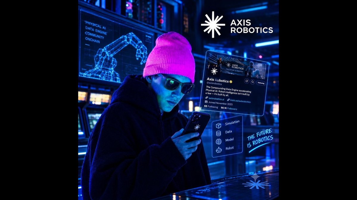 A promotional image for AXIS ROBOTICS featuring a person in a pink beanie and sunglasses looking at a phone, with a floating social media profile and the text 'THE FUTURE IS ROBOTICS'.