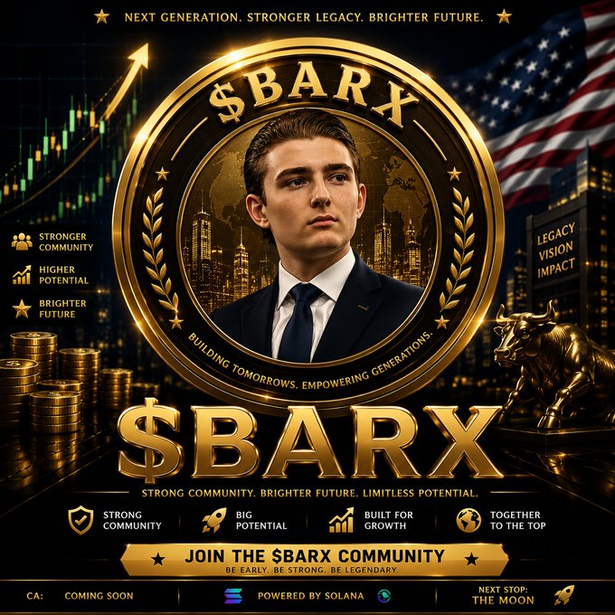 A promotional crypto coin graphic for '$BARX' featuring a portrait of Barron Trump, with text including 'NEXT GENERATION. STRONGER LEGACY. BRIGHTER FUTURE.', 'BUILDING TOMORROWS. EMPOWERING GENERATIONS.', and 'POWERED BY SOLANA' at the bottom.