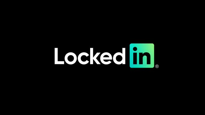 The image features a playful parody of the LinkedIn brand, with "Locked" displayed in white and "in" inside the signature green rounded square—visually mimicking the LinkedIn logo on a black background. This ties into the caption "It's about time 📈💰," humorously suggesting that LinkedIn's stock (ticker: LNKD historically, now MSFT under Microsoft) or platform gains have arrived, or perhaps alluding to being "locked in" to financial success.