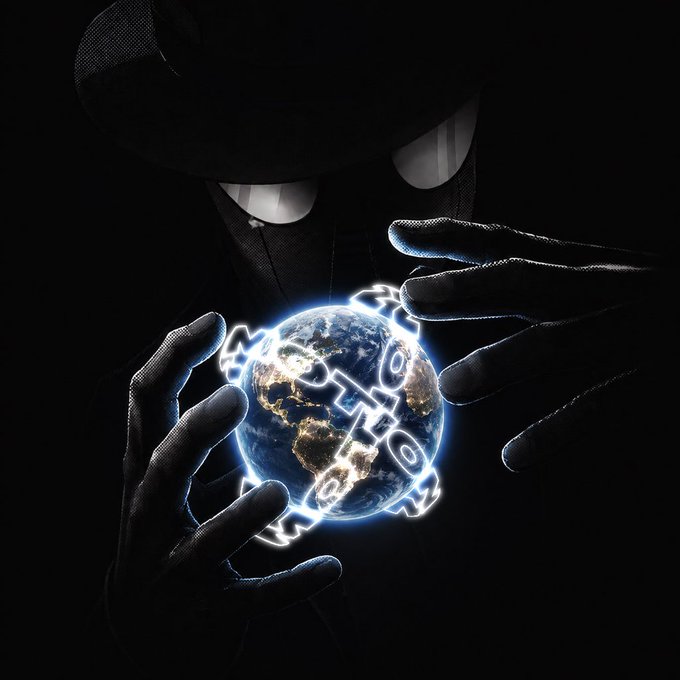 A dark, stylized image of a hooded figure with glowing eyes and hands holding a glowing Earth globe surrounded by digital circuit patterns.