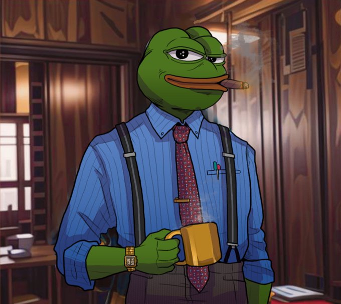 A digital illustration of Pepe the Frog depicted as a mafia boss, wearing a blue striped shirt with suspenders, a red tie, a gold watch, and smoking a cigar while holding a mug.