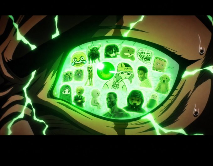 An animated image showing a close-up of an eye with green energy crackling around it, with the iris filled with various meme characters and internet icons.