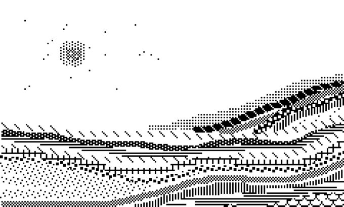 A black and white pixel art landscape illustrating a surreal, glitched-out terrain with a dotted sun in the sky and textured, stepped hillsides.