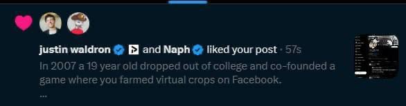 A social media notification shows "Justin Waldron and Naph liked your post" with the caption "In 2007 a 19 year old dropped out of college and co-founded a game where you farmed virtual crops on Facebook," referencing FarmVille, supporting the claim that the FarmVille co-founder and billionaire interacted with a $BRICK post.