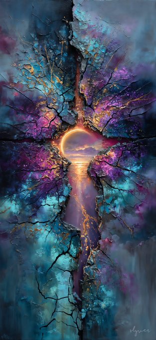 A vibrant abstract painting depicting a glowing portal or eclipse through cracked earth-like textures in deep blues, purples, and fiery orange tones, signed "dgonca" in the corner.