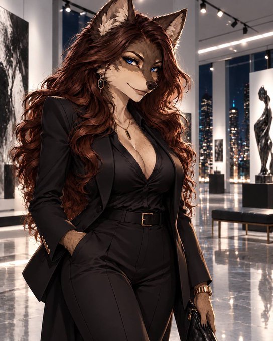 An anthropomorphic female wolf character with long auburn hair and blue eyes wearing a fitted black blazer and pants in a modern art gallery setting.
