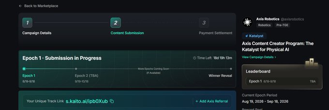 Screenshot of the Kaitalist platform showing the Axis Content Creator Program for Physical AI, with Epoch 1 (8/19-9/18) in progress and a content submission step active.
