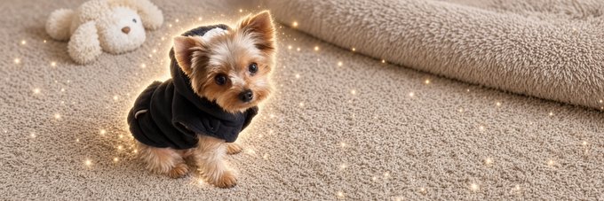 A small Yorkshire Terrier dog wearing a black knitted sweater sitting on a beige carpet next to a teddy bear, with a digitally added effect of glowing star sparkles scattered around the scene.