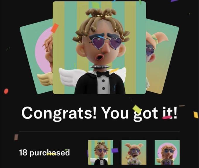 Mobile app screen celebrating an NFT purchase with the text 'Congrats! You got it!' showing a 3D avatar character wearing heart-shaped sunglasses and angel wings.