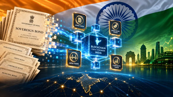 A promotional graphic shows the Indian flag waving behind stacks of "GOVERNMENT OF INDIA SOVEREIGN BOND" documents and floating digital tokens labeled "BOND TOKEN," "GREEN BOND TOKEN," "INFRA TOKEN," and "CORPORATE TOKEN," with the tagline "BLOCKCHAIN FOR A STRONGER INDIA."
