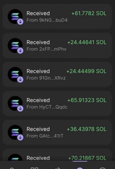 Mobile wallet screenshot showing multiple incoming Solana (SOL) transactions in amounts like 61.7782, 24.44641, 24.44499, 65.91323, 36.43978, and 0.21867 SOL from various senders.