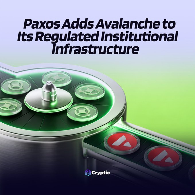 A stylized 3D render featuring green and red Ava (AVAX) cryptocurrency coins on a metallic track, with the headline "Paxos Adds Avalanche to Its Regulated Institutional Infrastructure" — visually promoting Paxos's new integration of Avalanche (AVAX) into its regulated platform serving 650+ institutions.