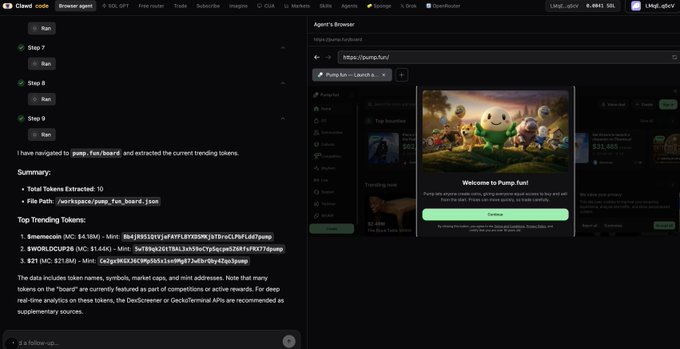 Clawd Browser Agent's Browser interface with steps 7–9 marked as run, summarizing a jump to /board that extracted 10 trending tokens from pump.fun, with #memecoins #pump_fun #board #sui as tags.