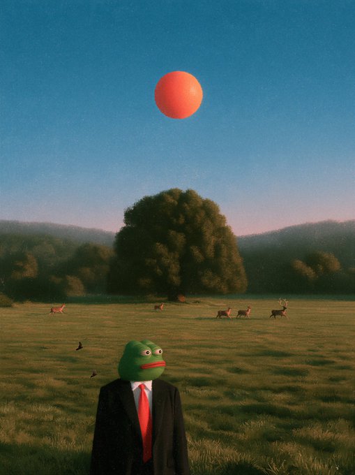 A surreal digital artwork depicts a figure in a black suit with a Pepe face, standing in a grassy field with deer and a red sun hanging in the sky.