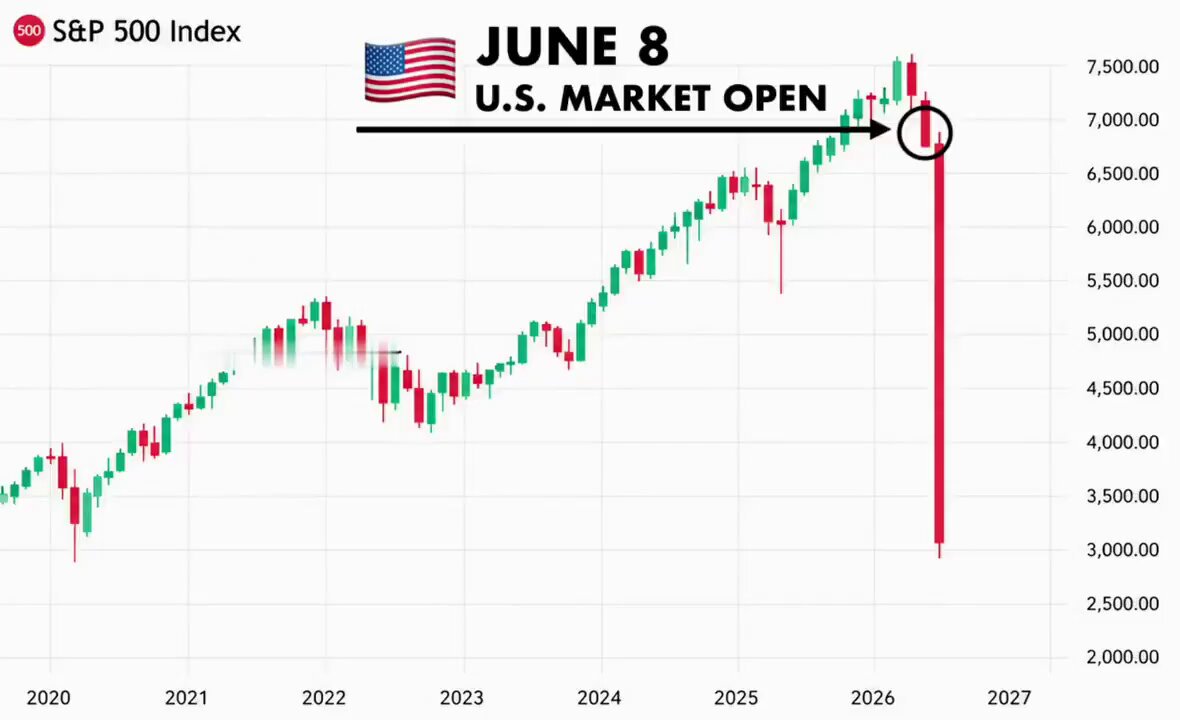 The image shows a graph of the US stock market opening on June 8th, with a downward trend starting at the top left corner and continuing through the middle of the chart towards the bottom right. The title "June 8" is also displayed above the graph in white text. Below the bar graph representing the stock market prices, there's a message in black text reading: "Sell everything!! #Bitcoin, crypto, stocks, metals... EVERYTHING. That' s what an X account with nearly 400,000 followers is telling you. That Monday'S bringing a market collapse and it' s going to crash like never before".