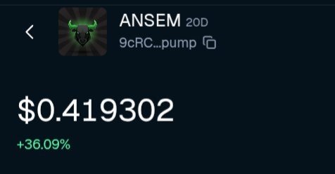 A crypto token page showing 'ANSEM' with the ticker '9cRc...pump' priced at $0.419302, up +36.09%, featuring a green-horned bull avatar.