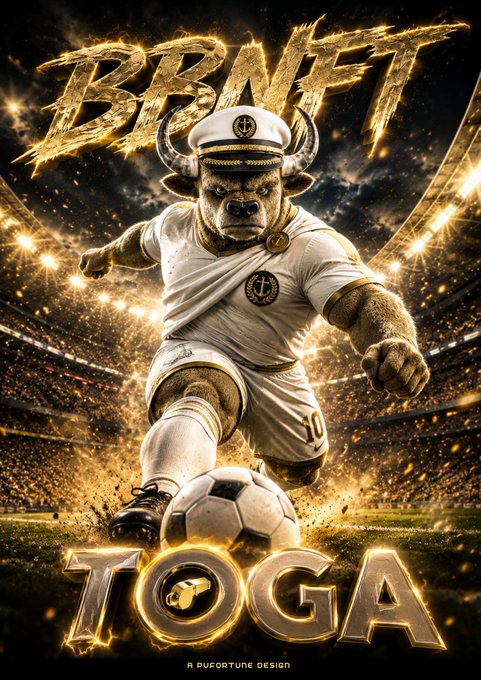 The image features a poster for a soccer game, with a bulldog wearing a captain's hat as the main character. The bulldog is kicking a soccer ball while standing on a field under bright lights. The background of the poster has a dark color scheme, and there are several people visible in the scene, possibly attending the event or waiting to play. The image also contains text that reads "BBNFT", which could be related to the game or the event itself.