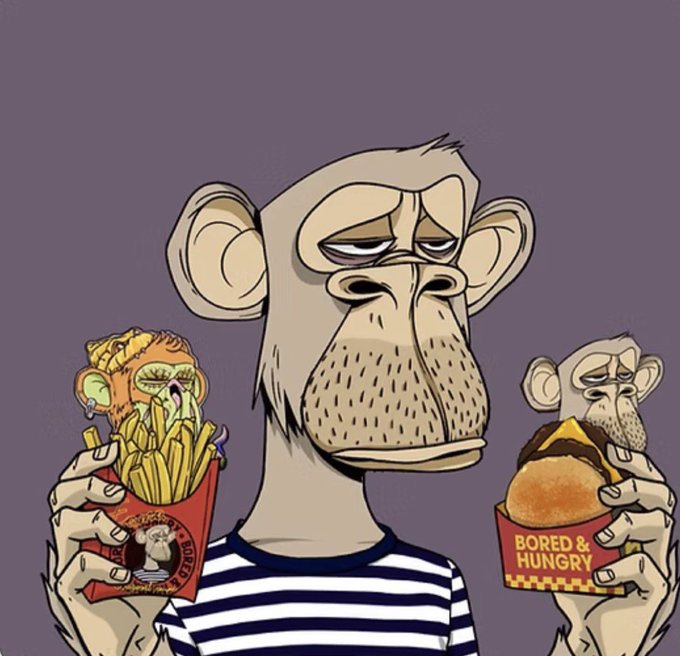 A cartoon illustration of a bored-looking monkey holding a box of french fries and a burger from "Bored & Hungry," a fast food restaurant.