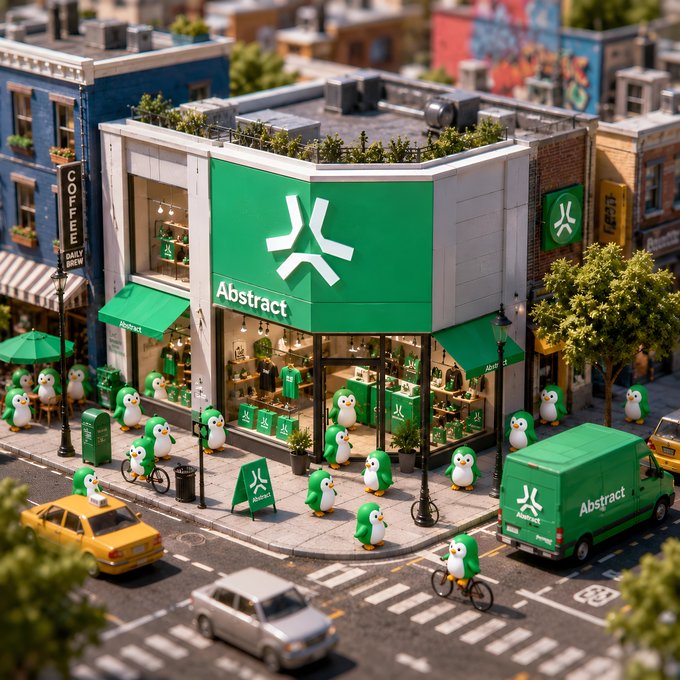 A 3D isometric diorama of an 'Abstract' branded store with green penguins gathered outside on the sidewalk, with a delivery van and taxi on the street.