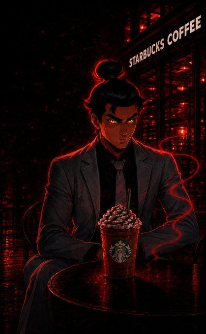 An anime-style illustration depicts a stern-looking man with glowing yellow eyes sitting at a Starbucks Coffee table with a frappe drink, surrounded by dark red lighting.