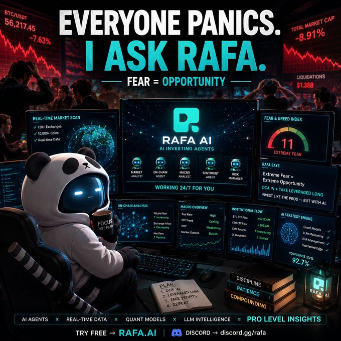 "Every person is screaming at @RAFA_AI about panic selling on trading markets, while a robot sitting at a desk with a book near him looks concerned and says 'focus on what is in the image'. Focus on what is in the image and how it relates to the post."