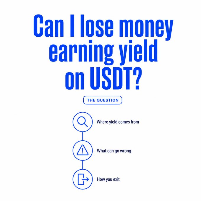 An informational graphic titled 'Can I lose money earning yield on USDT?' featuring sections on where yield comes from, what can go wrong, and how you exit.